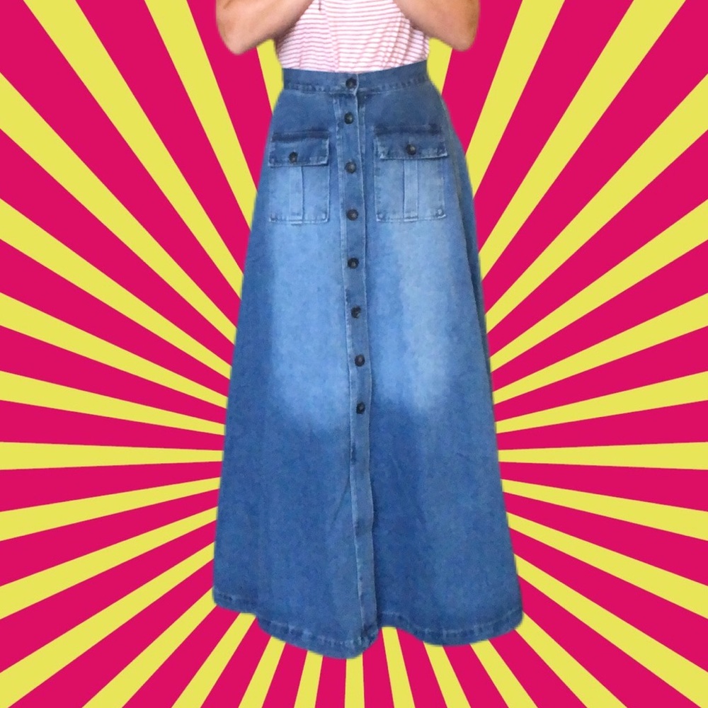 Long button down denim skirt